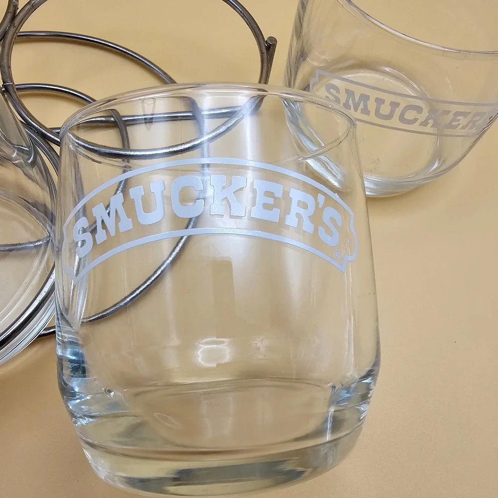 Vintage Smuckers‎ Glass Jam Jelly Condiment Jars Set of 3 with Metal Caddy